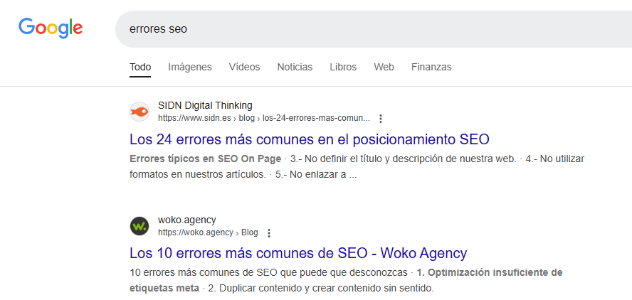 buscar en google errores seo